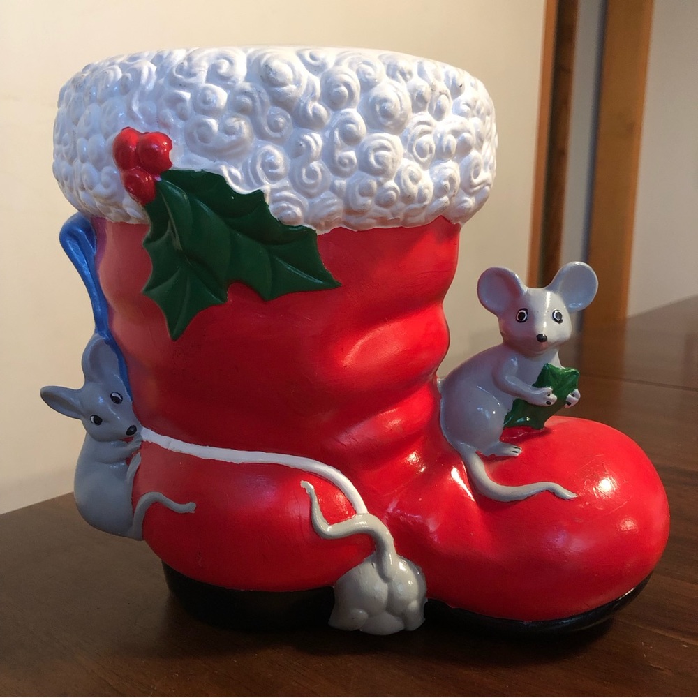 Vintage (1970’s) Large Ceramic Santa Boot with 3 Little Mice and Holly Leaf